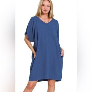Zenana Woven V-Neck Front Pocket T-Shirt Dress With Side Pockets Size S